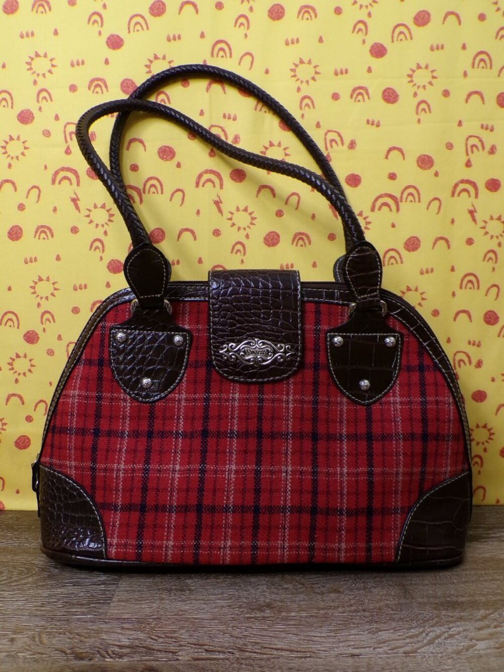 Plaid Red and Brown Purse Woman's Handbag with Zip Closure 14"x9"x6"